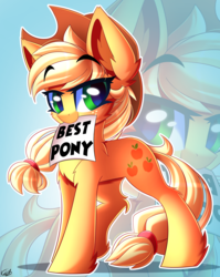 Size: 2304x2900 | Tagged: safe, artist:kaleido-art, applejack, earth pony, pony, g4, best pony, biased, cowboy hat, cute, female, freckles, hat, high res, jackabetes, mouth hold, sign, solo, stetson, zoom layer