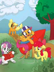 Size: 1125x1496 | Tagged: safe, artist:xsidera, apple bloom, applejack, scootaloo, sweetie belle, earth pony, pegasus, pony, unicorn, g4, cutie mark crusaders, female, filly, mare, rocket, this will end in tears and/or death and/or covered in tree sap