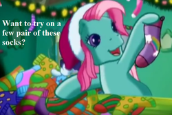 Size: 729x486 | Tagged: safe, edit, edited screencap, editor:korora, screencap, minty, a very minty christmas, g3, bronybait, christmas, christmas lights, clothes, cropped, hat, holiday, hoof hold, mintabetes, santa hat, socks, striped socks, text, that pony sure does love socks