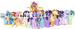 Size: 1946x759 | Tagged: safe, artist:php77, editor:php77, applejack, fluttershy, gallus, ocellus, rainbow dash, rarity, sandbar, sci-twi, silverstream, smolder, spike, starlight glimmer, sunset shimmer, twilight sparkle, alicorn, classical hippogriff, griffon, hippogriff, pony, g4, simple background, transparent background, twilight sparkle (alicorn), twolight, unicorn sci-twi