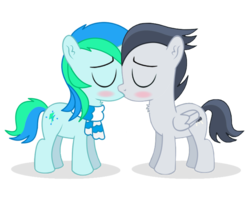 Size: 734x588 | Tagged: safe, artist:lunaticdawn, rumble, oc, oc:cyan lightning, pegasus, pony, unicorn, g4, canon x oc, colt, cute, cyanrumble, duo, eyes closed, foal, gay, kiss on the lips, kissing, male, shipping, simple background, transparent background