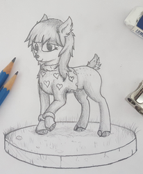 Size: 2033x2473 | Tagged: safe, artist:deerdraw, oc, deer, deer pony, original species, clothes, female, high res, looking at you, monochrome, pencil drawing, smiling, sweater, traditional art