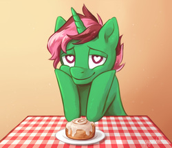 Size: 1138x979 | Tagged: safe, artist:mozzarella, oc, oc only, oc:bright will, pony, unicorn, cinnamon bun, cute, digital art, food, heart eyes, looking at you, male, ocbetes, plate, signature, solo, stallion, table, wingding eyes, ych result