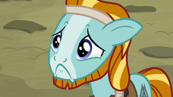 Size: 1280x720 | Tagged: safe, screencap, rockhoof, earth pony, pony, campfire tales, g4, beard, clothes, crying, cutie mark, dirt, facial hair, faic, floppy ears, headband, male, sad, solo, stallion, teary eyes, valknut