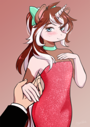 Size: 930x1316 | Tagged: dead source, safe, artist:mozzarella, oc, oc only, human, unicorn, anthro, anthro oc, blushing, bow, choker, clothes, digital art, dress, duo, female, freckles, gradient background, hair bow, hand on chest, holding hands, looking at you, male, mare, multicolored hair, multicolored mane, offscreen character, pov, signature, simple background, smiling, sparkles, ych result