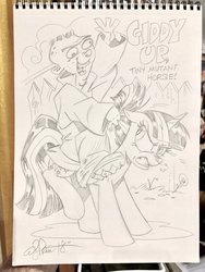 Size: 1536x2048 | Tagged: safe, artist:andypriceart, twilight sparkle, human, pony, crossover, duo, ed, ed edd n eddy, female, grayscale, humans riding ponies, male, mare, monochrome, riding, traditional art, twilight sparkle is not amused, unamused
