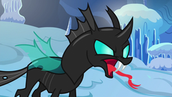 Size: 1280x720 | Tagged: safe, screencap, thorax, changeling, g4, the times they are a changeling, hissing, male, open mouth, snow, solo, tongue out
