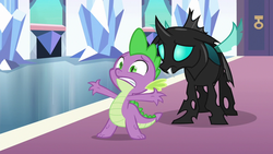 Size: 1280x720 | Tagged: safe, screencap, spike, thorax, changeling, dragon, g4, the times they are a changeling, duo, male, spread arms