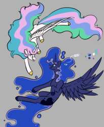 Size: 1280x1564 | Tagged: safe, artist:greyscaleart, princess celestia, princess luna, alicorn, pony, g4, female, flying, gray background, greyscaleart is trying to murder us, mare, missing cutie mark, simple background, sisters