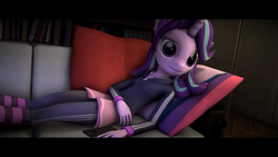 Size: 1280x720 | Tagged: safe, artist:imafutureguitarhero, starlight glimmer, unicorn, anthro, unguligrade anthro, g4, 3d, adidas, clothes, ear piercing, earring, female, food, hand on belly, hoodie, i'm at soup, iphone, jacket, jewelry, lamp, mare, phone, piercing, ring, shirt, soup, source filmmaker, thumbnail, tracksuit, youtube link
