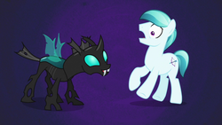 Size: 1280x720 | Tagged: safe, screencap, crystal arrow, crystal beau, thorax, changeling, crystal pony, earth pony, pony, g4, the times they are a changeling, duo, male, purple background, simple background, stallion