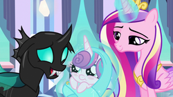 Size: 1280x720 | Tagged: safe, screencap, princess cadance, princess flurry heart, thorax, alicorn, changeling, pony, g4, the times they are a changeling, :t, baby, baby alicorn, baby blanket, baby flurry heart, baby pony, blanket, blush sticker, blushing, cute, female, floppy ears, foal, joyful, levitation, lidded eyes, magic, male, mare, open mouth, safety pin, smiling, swaddling, telekinesis, wrapped snugly