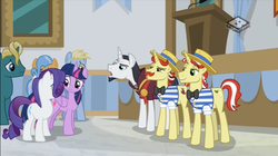 Size: 853x477 | Tagged: safe, screencap, chancellor neighsay, flam, flim, rarity, twilight sparkle, alicorn, pony, unicorn, friendship university, g4, boomerang (tv channel), female, flim flam brothers, male, mare, podium, stallion, twilight sparkle (alicorn)