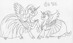 Size: 1000x586 | Tagged: safe, artist:sepiakeys, princess celestia, princess luna, alicorn, pony, g4, alicorns only, clothes, dress, duo, duo female, female, queens, royal sisters, traditional art