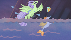 Size: 1280x720 | Tagged: safe, screencap, laguna, sunspray, wind storm, classical hippogriff, hippogriff, seapony (g4), g4, the hearth's warming club, background hippogriff, background sea pony, fledgeling, leaping, three days of freedom, water