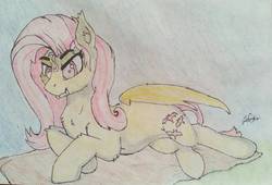 Size: 1476x1003 | Tagged: safe, artist:cloudsky14, fluttershy, bat pony, g4, adorasexy, cute, flutterbat, lying down, race swap, sexy, traditional art, wings