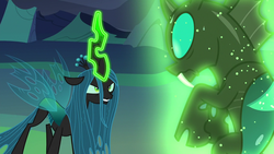 Size: 1280x720 | Tagged: safe, screencap, queen chrysalis, thorax, changeling, changeling queen, g4, to where and back again, changeling kingdom, duo, female, glowing horn, horn, magic, male, telekinesis