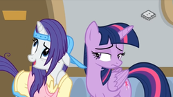 Size: 849x477 | Tagged: safe, screencap, rarity, twilight sparkle, alicorn, pony, unicorn, friendship university, g4, my little pony: friendship is magic, aside glance, backwards ballcap, baseball cap, boomerang (tv channel), cap, clothes, disguise, duo, female, hat, mare, messy mane, plainity, sad, twilight sparkle (alicorn)