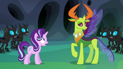 Size: 1280x720 | Tagged: safe, screencap, starlight glimmer, thorax, changedling, changeling, pony, unicorn, g4, to where and back again, changeling hive, changeling king, changeling kingdom, female, king thorax, male, mare, raised hoof