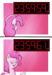 Size: 1730x2457 | Tagged: safe, artist:mustachedbain, pinkie pie, earth pony, pony, g4, clock, eyes closed, female, how, leap second, mare, solo, wat