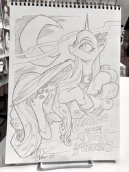Size: 1536x2048 | Tagged: safe, artist:andypriceart, princess luna, alicorn, pony, g4, cloud, crown, female, grayscale, hooves, horn, jewelry, looking back, lying on a cloud, mare, monochrome, moon, on a cloud, pencil drawing, regalia, simple background, solo, tangible heavenly object, text, tiara, traditional art, wings