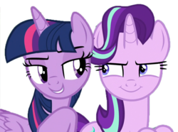 Size: 966x720 | Tagged: safe, edit, edited screencap, screencap, starlight glimmer, twilight sparkle, alicorn, pony, unicorn, a matter of principals, g4, shadow play, background removed, bedroom eyes, duo, duo female, evil grin, female, grin, lidded eyes, looking at each other, mare, not a vector, simple background, smiling, smirk, smug, smuglight glimmer, transparent background, twilight sparkle (alicorn)