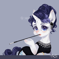 Size: 688x688 | Tagged: safe, artist:b-tobio, rarity, pony, unicorn, g4, alternate hairstyle, audrey hepburn, breakfast at tiffany's, cigarette, cigarette holder, clothes, dress, ear piercing, earring, female, jewelry, lipstick, mare, obtrusive watermark, piercing, signature, smoking, solo, watermark