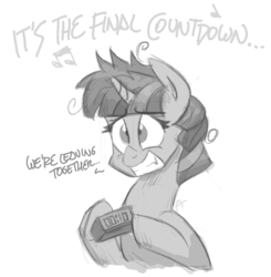 Size: 1280x1305 | Tagged: safe, artist:flutterthrash, twilight sparkle, pony, g4, atg 2018, clock, europe (band), female, final countdown (song), mare, monochrome, newbie artist training grounds, sketch, solo, song reference, twilight snapple