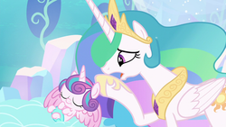 Size: 1280x720 | Tagged: safe, screencap, princess celestia, princess flurry heart, alicorn, pony, g4, the crystalling, auntlestia, baby, baby pony, cute, duo, ethereal mane, eyes closed, female, mare, worried