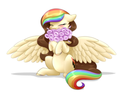 Size: 1024x782 | Tagged: safe, artist:whitehershey, oc, oc only, oc:splatter paw, pony, blushing, colored hooves, eyes closed, flower, rainbow hair, simple background, smiling, sniffing, solo, spread wings, transparent background, wings