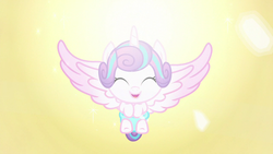 Size: 1280x720 | Tagged: safe, screencap, princess flurry heart, alicorn, pony, g4, the crystalling, about to be crystallized, baby, baby alicorn, baby flurry heart, baby pony, bright, cooing, cute, daaaaaaaaaaaw, diaper, diapered, diapered filly, eyes closed, eyestrain warning, female, floating, flurrybetes, glowing, glowing brightly, happy, happy baby, newborn, open mouth, spread wings, wings