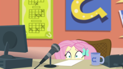 Size: 1280x720 | Tagged: safe, screencap, fluttershy, equestria girls, equestria girls series, fluttershy's butterflies, g4, announcer, computer, cyoa, embarrassed, female, fluttershy's butterflies: rainbow dash, football, microphone, microphone stand, mug, solo, sports