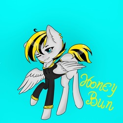 Size: 960x960 | Tagged: safe, oc, oc only, oc:genki the pone, pegasus, pony, blue background, clothes, ear piercing, femboy, hoodie, male, one eye closed, piercing, simple background, solo, spread wings, wings