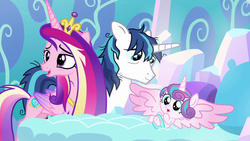 Size: 1280x720 | Tagged: safe, screencap, princess cadance, princess flurry heart, shining armor, alicorn, pony, unicorn, g4, the crystalling, baby, baby pony, family, female, frazzled, male, mare, messy mane, spread wings, stallion, trio, wings