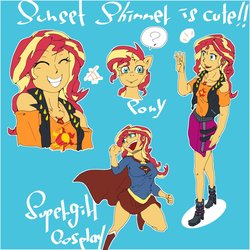 Size: 1000x1000 | Tagged: safe, artist:sozglitch, sunset shimmer, equestria girls, equestria girls series, g4, blue background, female, geode of empathy, magical geodes, simple background, solo, supergirl