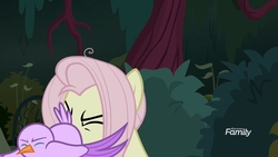 Size: 1920x1080 | Tagged: safe, screencap, mean fluttershy, bird, pegasus, pony, g4, the mean 6, clone, discovery family logo, everfree forest, eyes closed, faceful of ass, female, forest, mare, messy mane, not what it looks like, out of context, solo, wat
