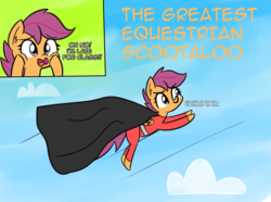 Size: 1280x950 | Tagged: safe, artist:artiks, scootaloo, pegasus, pony, g4, atg 2018, cape, clothes, cloud, female, greatest american hero, mare, newbie artist training grounds, scootaloo can fly, sky, solo, spandex, superhero