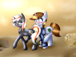 Size: 2800x2100 | Tagged: safe, artist:drawing-assassin-art, oc, oc only, oc:littlepip, oc:velvet remedy, pony, unicorn, fallout equestria, blushing, clothes, cutie mark, digital art, duo, duo female, fanfic, fanfic art, female, flirting, high res, hooves, horn, jumpsuit, lesbian, mare, oc x oc, open mouth, pipbuck, seduction, seductive, shipping, signature, tail seduce, teeth, vault suit, velvetpip, wasteland