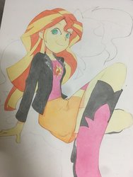 Size: 1536x2048 | Tagged: safe, artist:tyantyai_mokka, sunset shimmer, equestria girls, g4, boots, clothes, crossed legs, female, high heel boots, jacket, leather, leather jacket, shoes, skirt, solo, traditional art