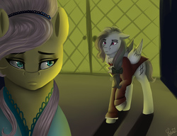 Size: 1300x1000 | Tagged: safe, artist:amywhooves, fluttershy, rainbow dash, the count of monte rainbow, g4, balcony, clothes, edmond dantes, i know those eyes, mercedes, musical, rainbow dantes, raised hoof, shycedes, the count of monte cristo, this man is dead