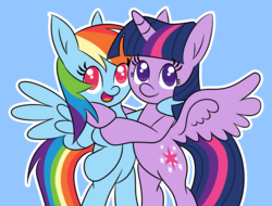 Size: 2532x1922 | Tagged: safe, artist:tridashie, rainbow dash, twilight sparkle, alicorn, pegasus, pony, g4, bipedal, blue background, cute, dashabetes, female, horn, hug, lesbian, looking at you, mare, open mouth, open smile, outline, ship:twidash, shipping, simple background, smiling, smiling at you, spread wings, twiabetes, twilight sparkle (alicorn), white outline, wings