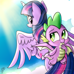 Size: 1575x1575 | Tagged: safe, artist:dsana, spike, twilight sparkle, alicorn, dragon, pony, g4, cloud, duo, female, looking at each other, male, mare, signature, sky, smiling, spread wings, sun, twilight sparkle (alicorn), winged spike, wings