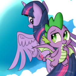 Size: 1575x1575 | Tagged: safe, alternate version, artist:dsana, spike, twilight sparkle, alicorn, dragon, pony, g4, duo, flat colors, looking at each other, twilight sparkle (alicorn), winged spike, wings
