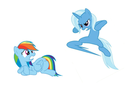 Size: 1274x854 | Tagged: safe, rainbow dash, trixie, g4, kick, kicking, martial arts, scared, this will end in pain