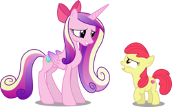 Size: 2469x1535 | Tagged: safe, artist:givralix, artist:porygon2z, artist:stillfire, edit, edited edit, editor:slayerbvc, vector edit, apple bloom, princess cadance, alicorn, earth pony, pony, brotherhooves social, g4, three's a crowd, accessory theft, accessory-less edit, apple bloom's bow, bare hooves, bow, concave belly, cutie mark, duo, duo female, female, filly, hair bow, looking at each other, looking down, looking up, mare, missing accessory, simple background, slender, smiling, the cmc's cutie marks, thin, transparent background, vector