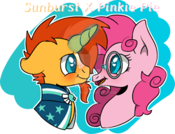 Size: 1024x781 | Tagged: safe, artist:rosiepie15, pinkie pie, sunburst, g4, blushing, cloak, clothes, crack shipping, female, glasses, heart eyes, male, pinkieburst, shipping, simple background, straight, transparent background, wingding eyes