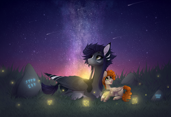 Size: 1920x1316 | Tagged: safe, artist:monogy, oc, oc only, oc:ethan, oc:kama, firefly (insect), pegasus, pony, colt, female, male, mare, night, runes, stars, stone