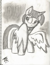 Size: 1680x2184 | Tagged: safe, artist:radiancebreaker, twilight sparkle, alicorn, pony, friendship university, g4, female, monochrome, scene interpretation, solo, traditional art, twilight sparkle (alicorn)