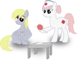 Size: 987x771 | Tagged: safe, artist:crimsonlynx97, derpy hooves, nurse redheart, g4, bandage, candy, duo, duo female, female, food, lollipop, simple background, syringe, table, transparent background