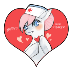 Size: 700x667 | Tagged: safe, artist:ansogood, nurse redheart, g4, blushing, heart, nurse, simple background, text, transparent background